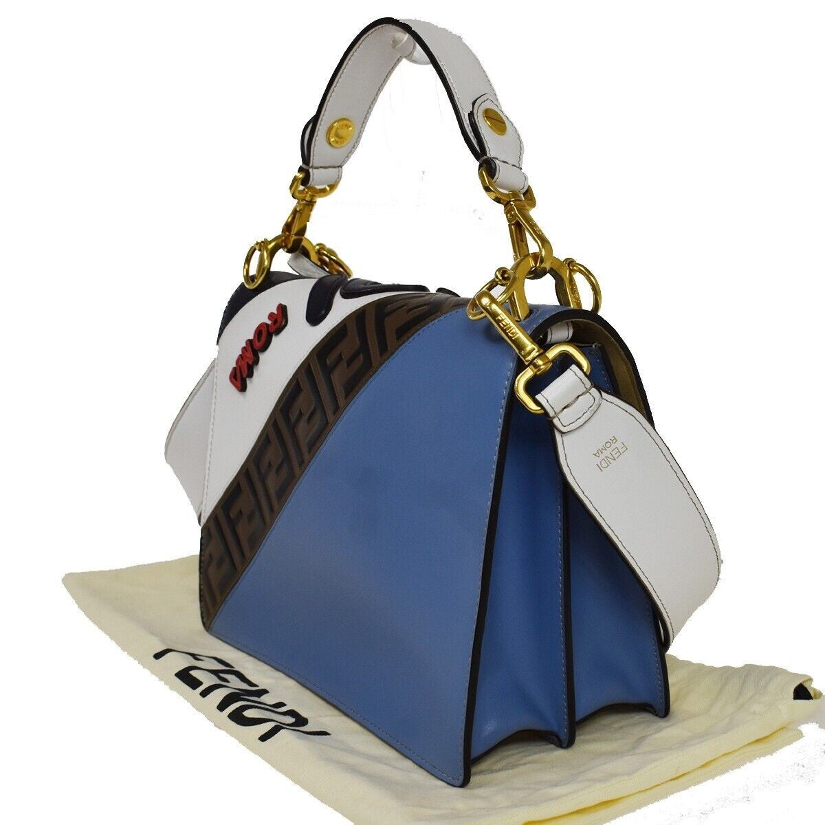 FENDI x FILA Collaboration 2Way Hand Bag Zucca Leather Brown White Blue 661RC614