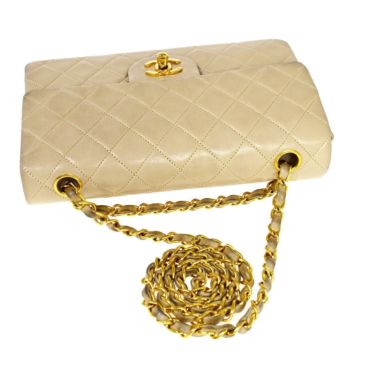 CHANEL CC Matelasse 23 Double Flap Chain Shoulder Bag Leather Beige GD 805RC566