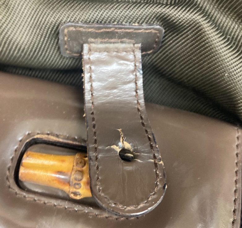 GUCCI Logo Bamboo Backpack Bag Patent Leather Nylon Brown Italy 62EG399