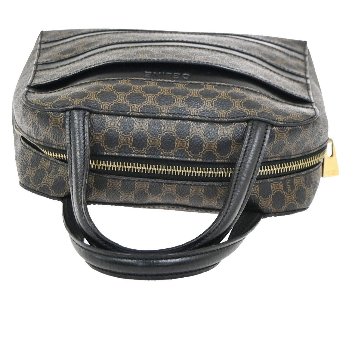 CELINE Logo Macadam Hand Bag PVC Leather Black  Brown GHW Italy 67KD092