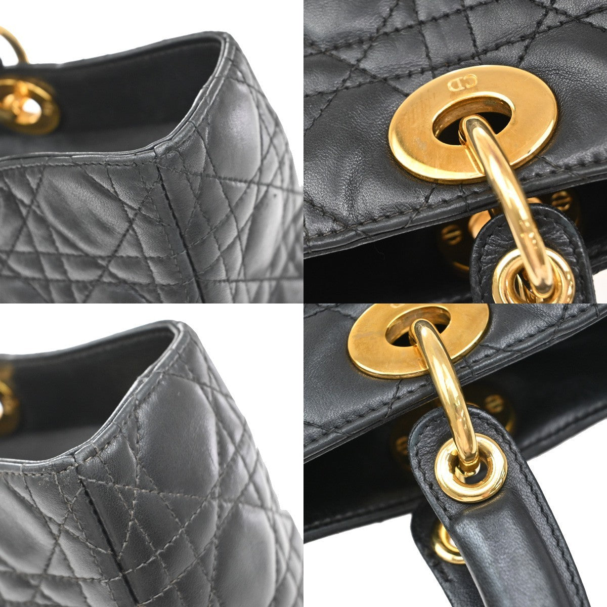 CHRISTIAN DIOR Lady Cannage Hand Tote Bag Leather Black Gold Italy 46RF672
