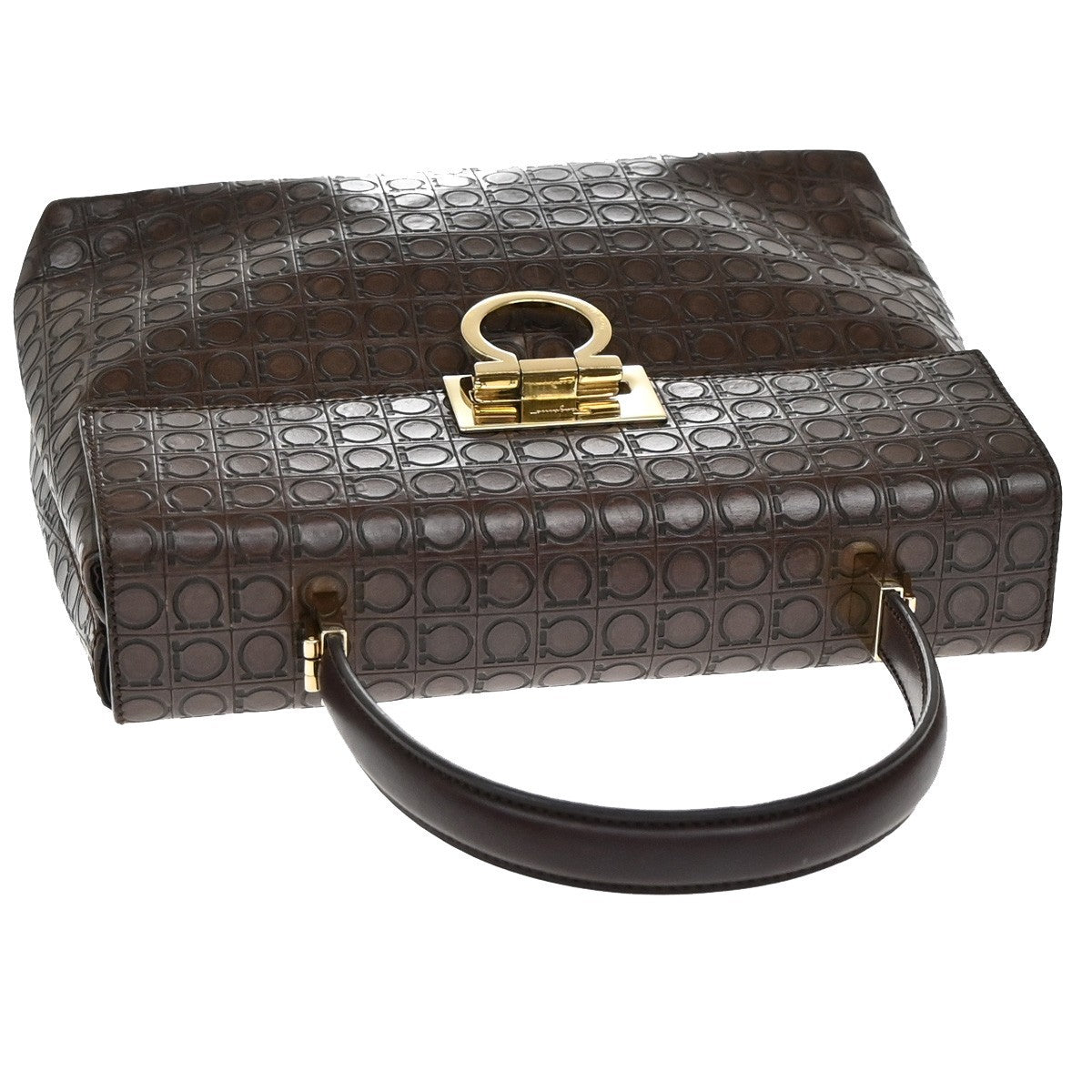 SALVATORE FERRAGAMO Logo Gancini Hand Bag Embossing Leather Brown GHW 31KA784