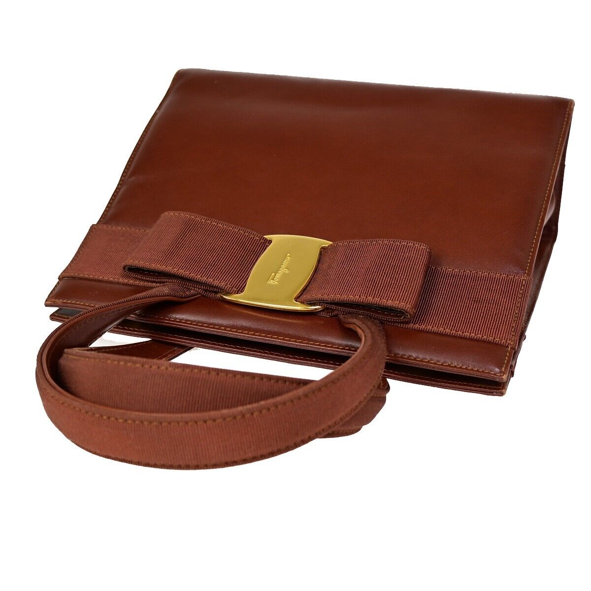 SALVATORE FERRAGAMO Vara Hand Bag Canvas Leather Brown Gold-plated Italy 61HB933