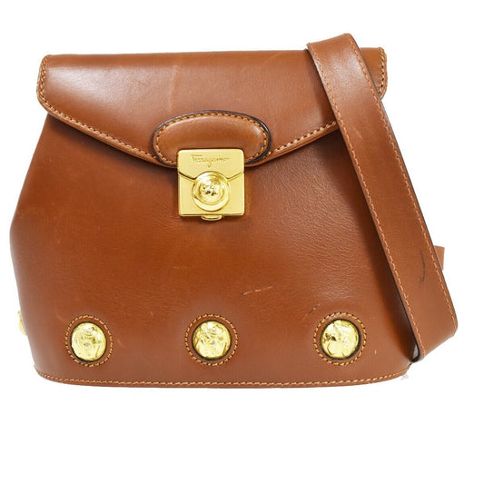 SALVATORE FERRAGAMO Logo Crossbody Shoulder Bag Leather Brown Gold Italy 61GA687