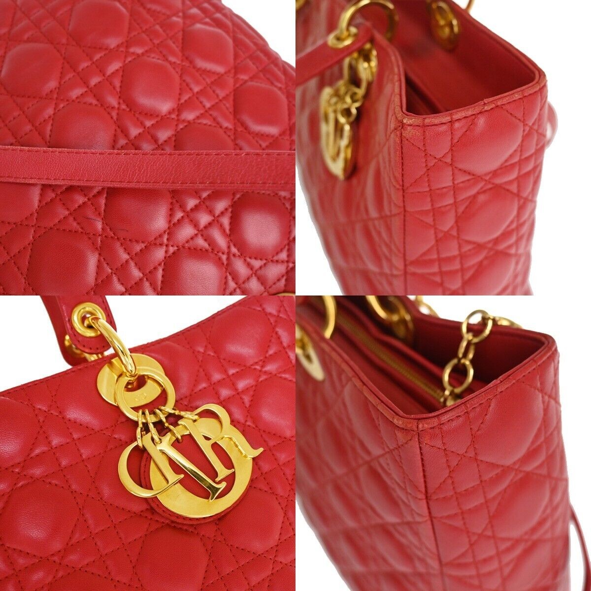 CHRISTIAN DIOR Lady Cannage 2Way Shoulder Hand Tote Bag Leather Red GHW 675RJ337