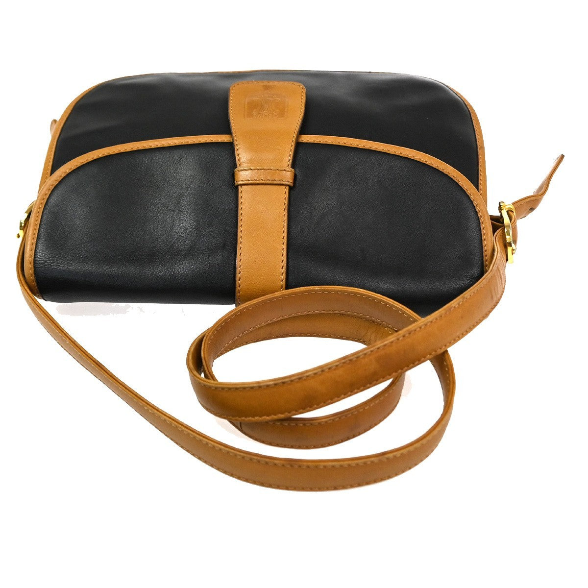 CELINE Logo Crossbody Shoulder Bag Leather Black Brown GHW Italy  66TA664
