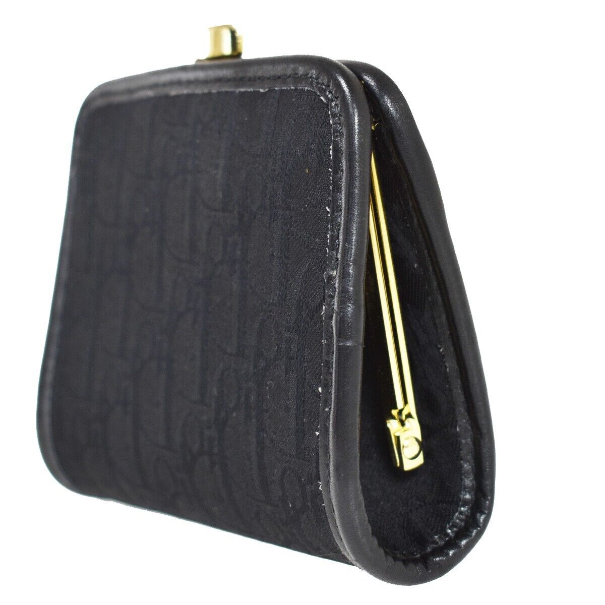 CHRISTIAN DIOR Trotter Clasp Coin Case Wallet Canvas Leather Black Gold 36JH723