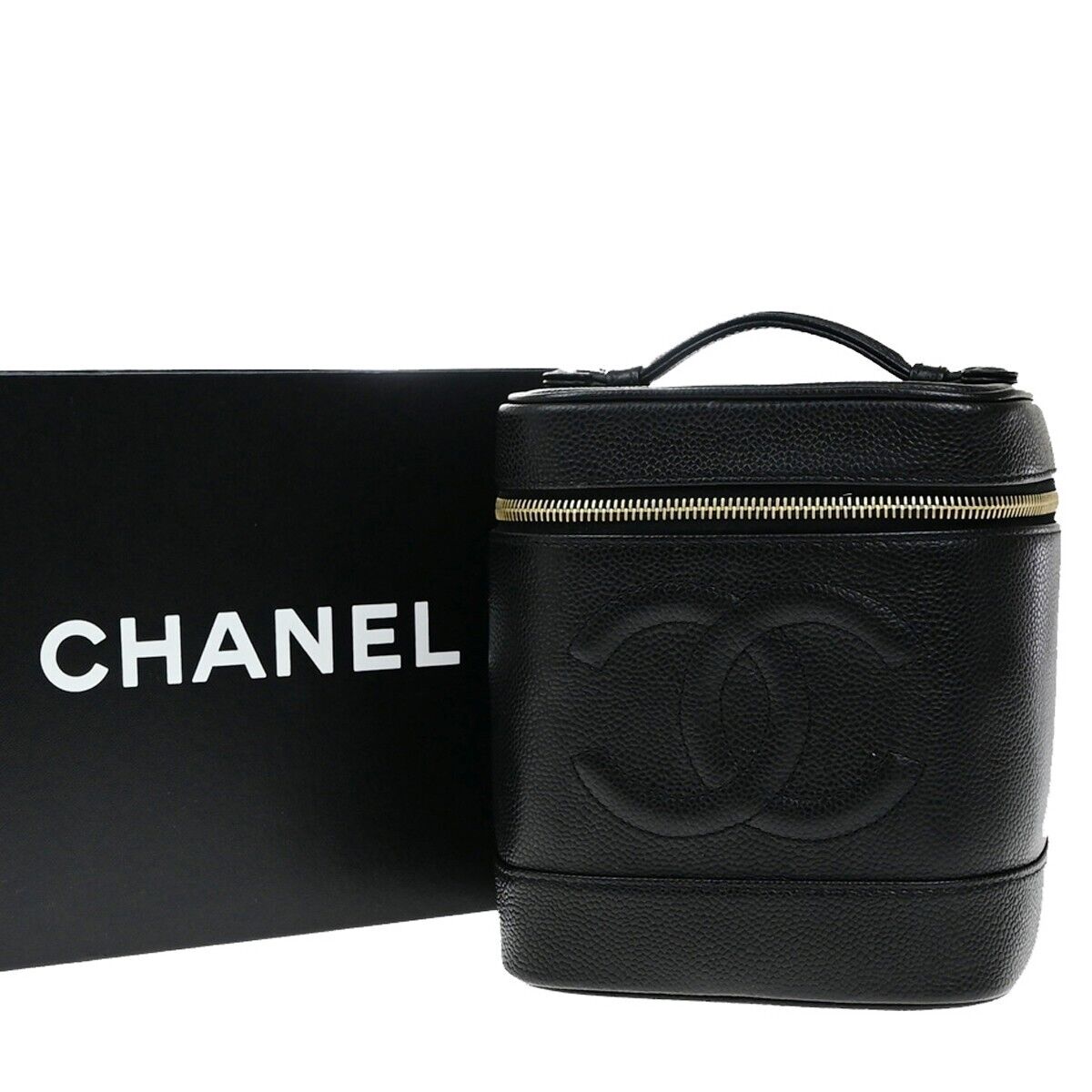 CHANEL CC Vanity Cosmetic Hand Bag Grained Calfskin Leather Black GHW 666RK928