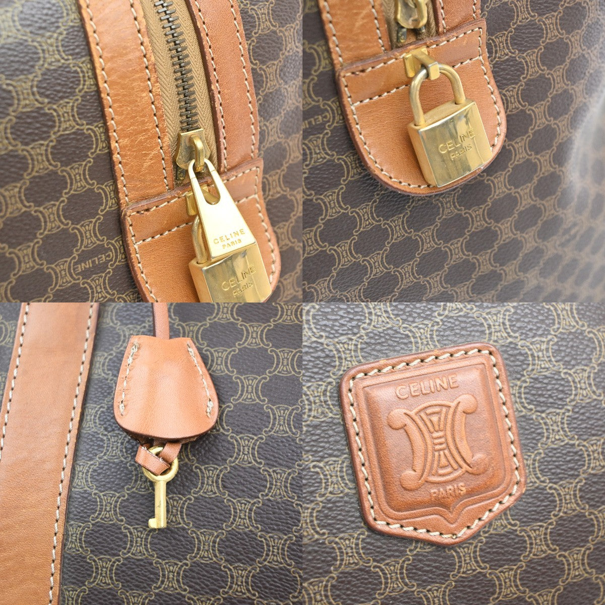 CELINE Logo Macadam Pattern Boston Hand Bag PVC Leather Brown Italy 63MA616