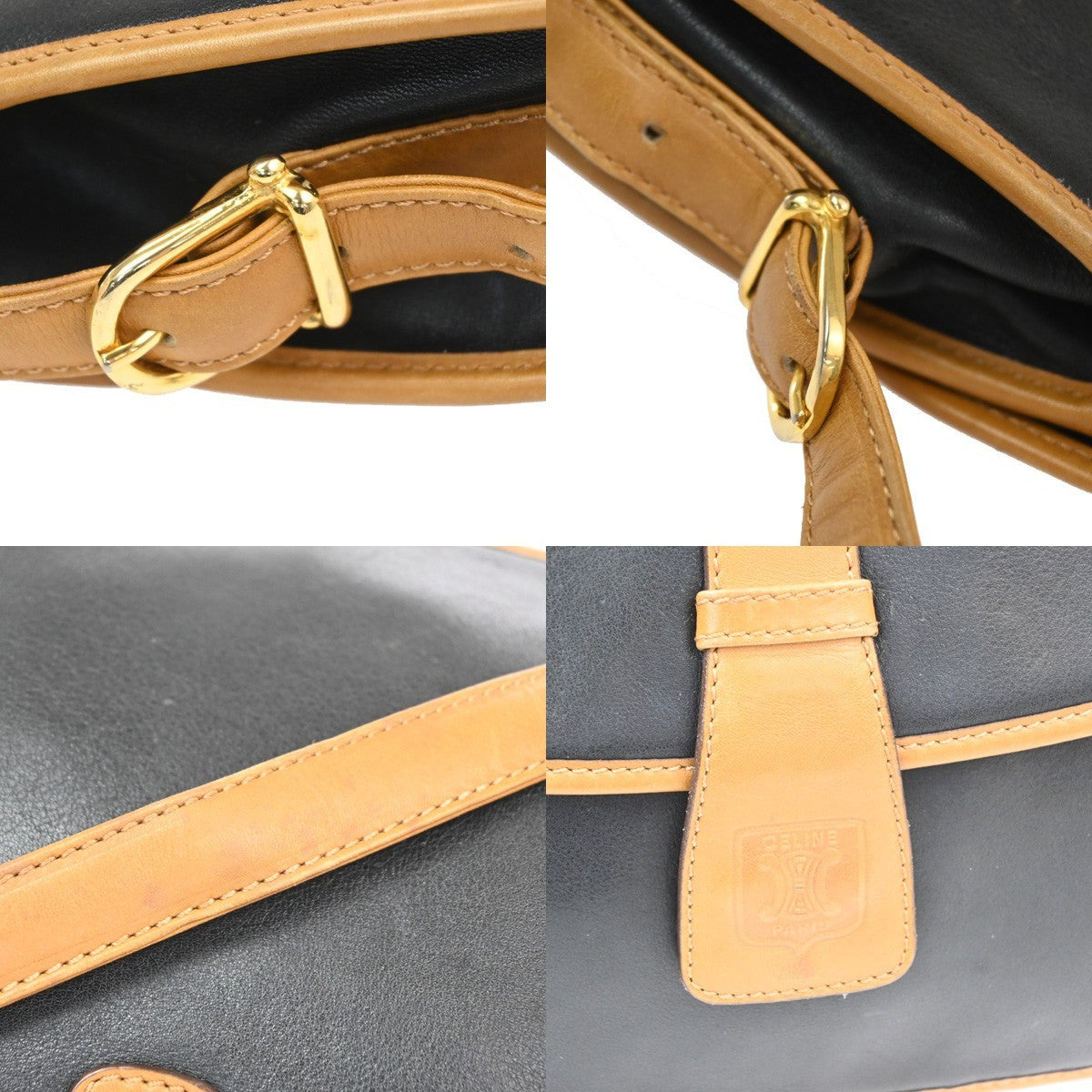 CELINE Logo Crossbody Shoulder Bag Leather Black Brown GHW Italy  66TA664