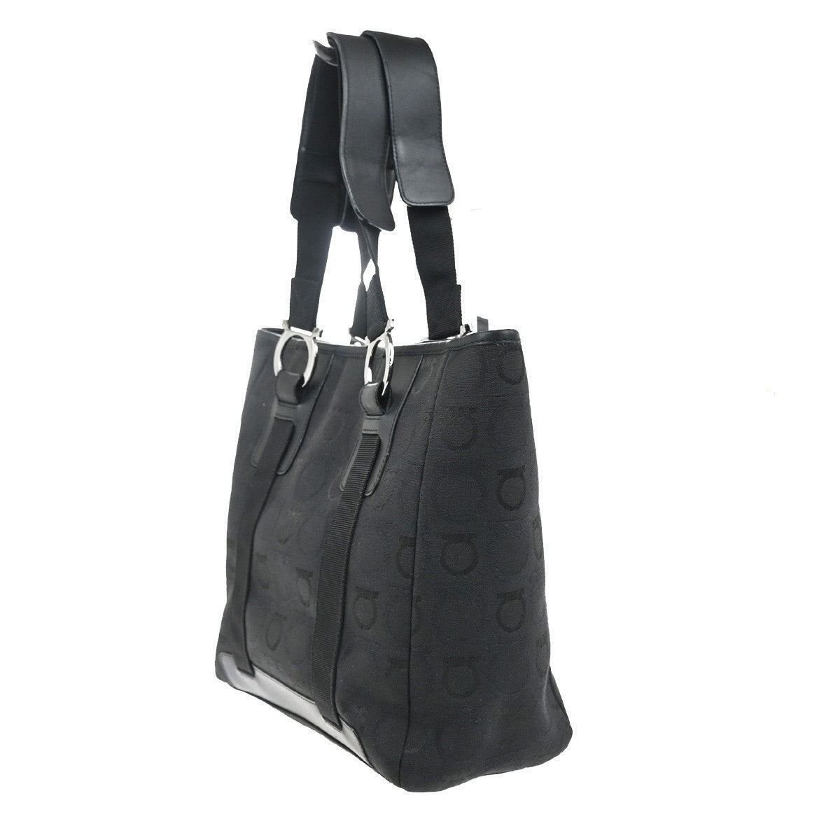 SALVATORE FERRAGAMO Logo Gancini Shoulder Hand Bag Canvas Leather Black 67MA222