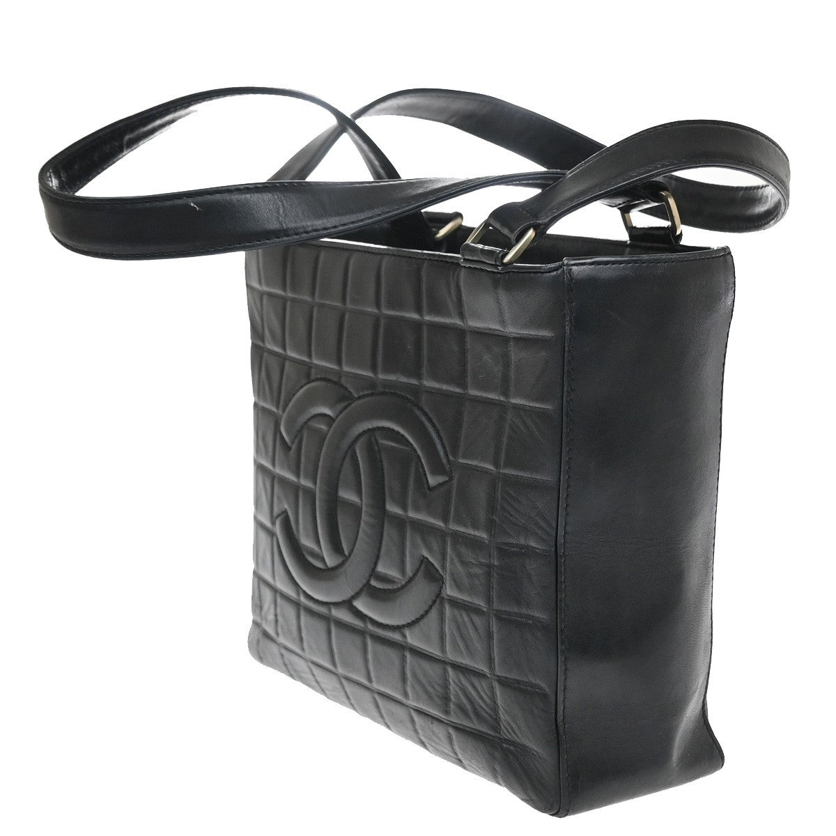 CHANEL CC Logo Chocolate Bar Shoulder Tote Bag Leather Black France 686RP167