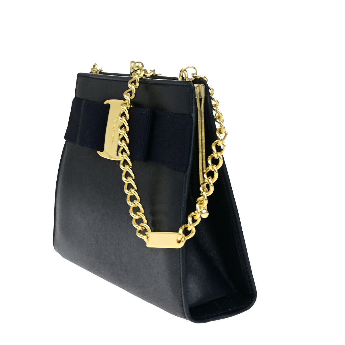 SALVATORE FERRAGAMO Vara Mini Chain Shoulder Bag Leather Navy Blue GHW 69YF494