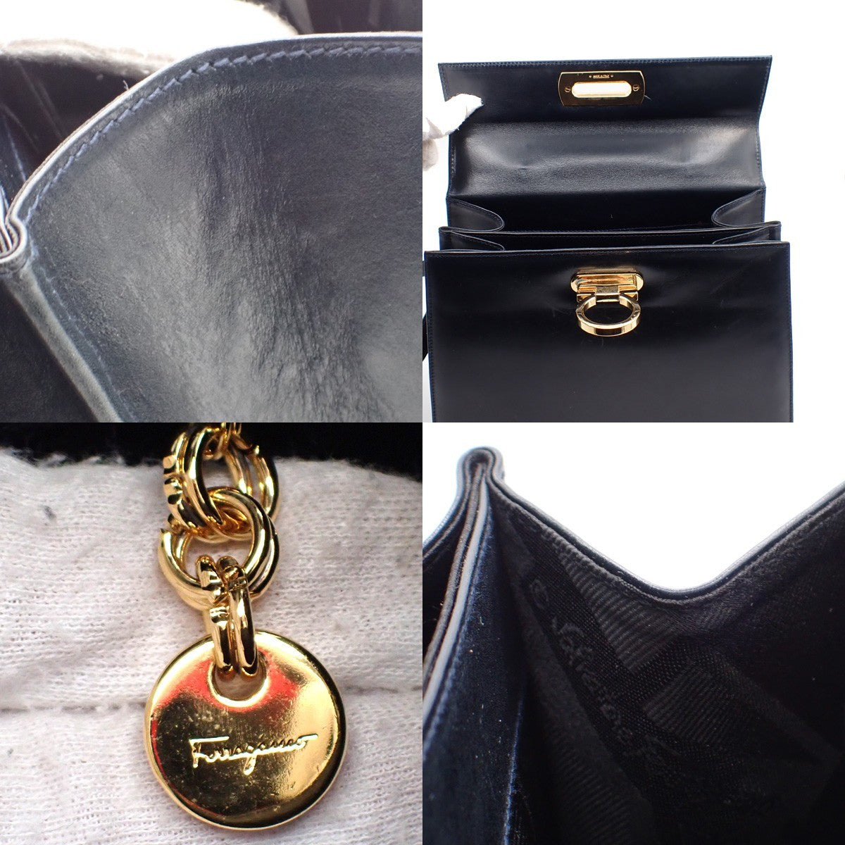 SALVATORE FERRAGAMO Gancini 2Way Shoulder Hand Bag Leather Navy Blue GHW 61AA155