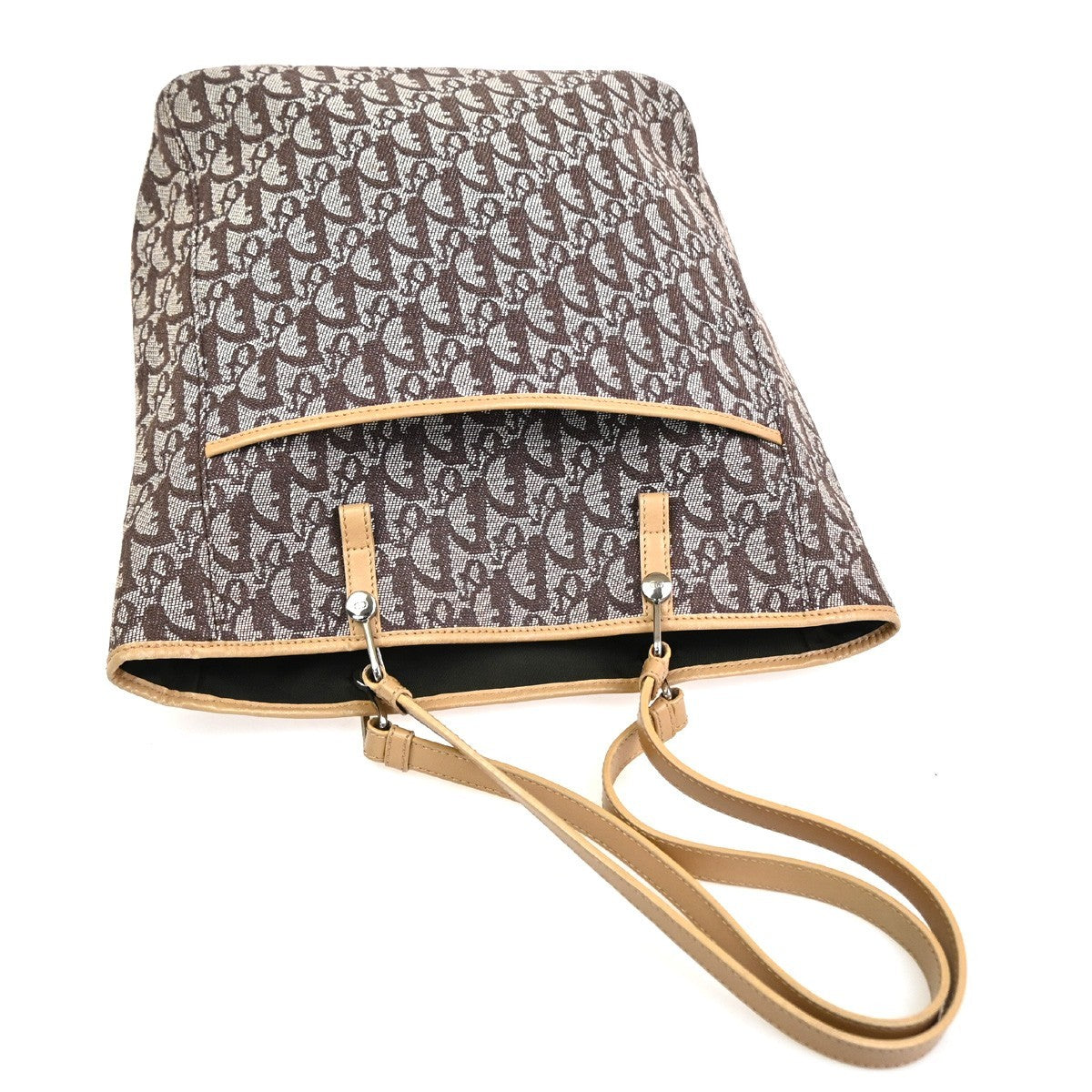 CHRISTIAN DIOR Logo Trotter Shoulder Bag Canvas Leather Beige Brown SHW 14TA622