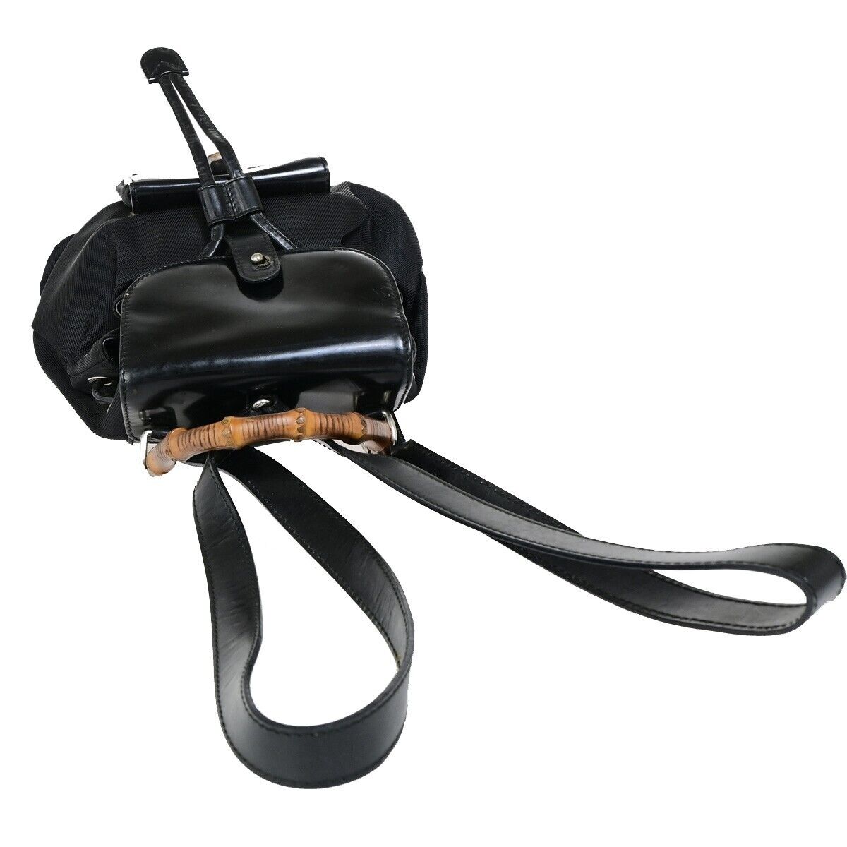 GUCCI Logo Bamboo Backpack Bag Leather Nylon Black Italy 68EB288