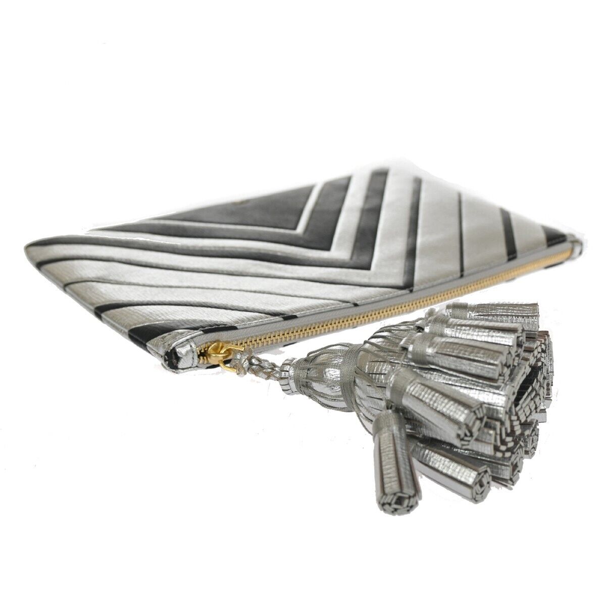 ANYA HINDMARCH Logo Fringe Tassel Clutch Hand Bag Leather Silver Black 69EA079