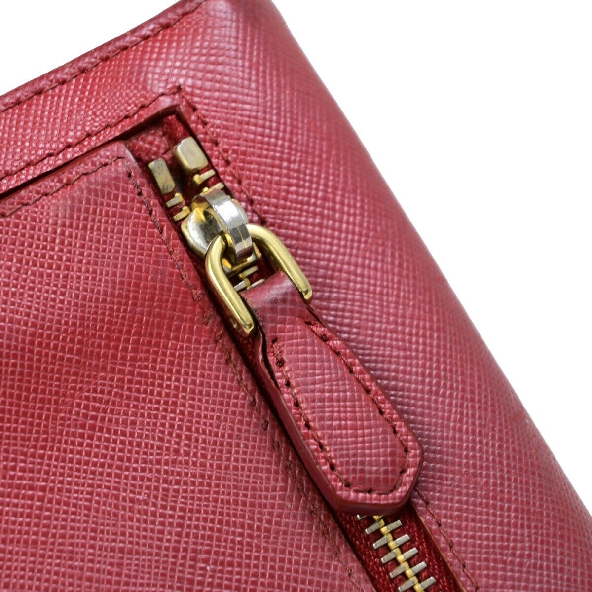 PRADA Logo Bifold Long Zipper Bifold Wallet Saffiano Leather Red Gold 03EB369