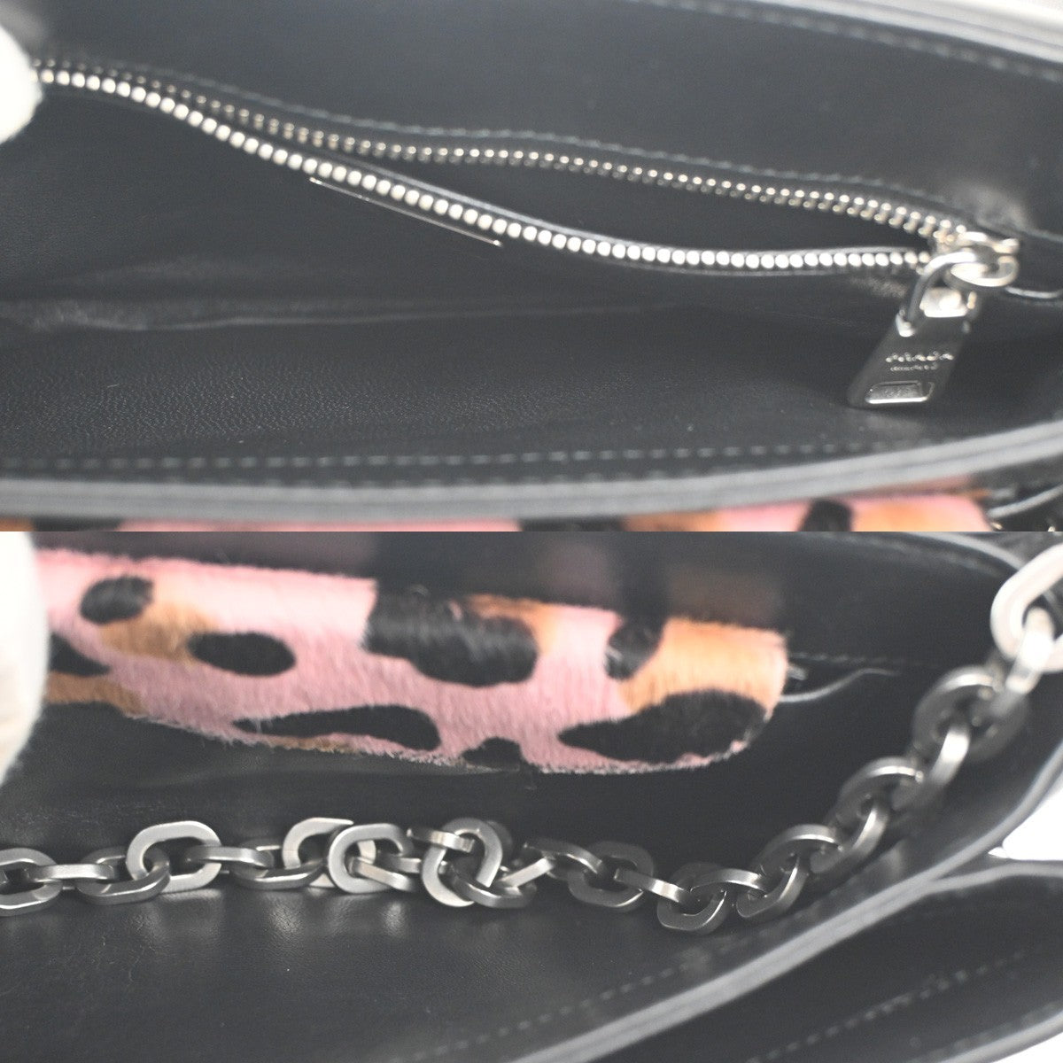 52.Live PRADA MILANO Leopard Chain Shoulder Bag Hair on Leather Nylon 99KC004