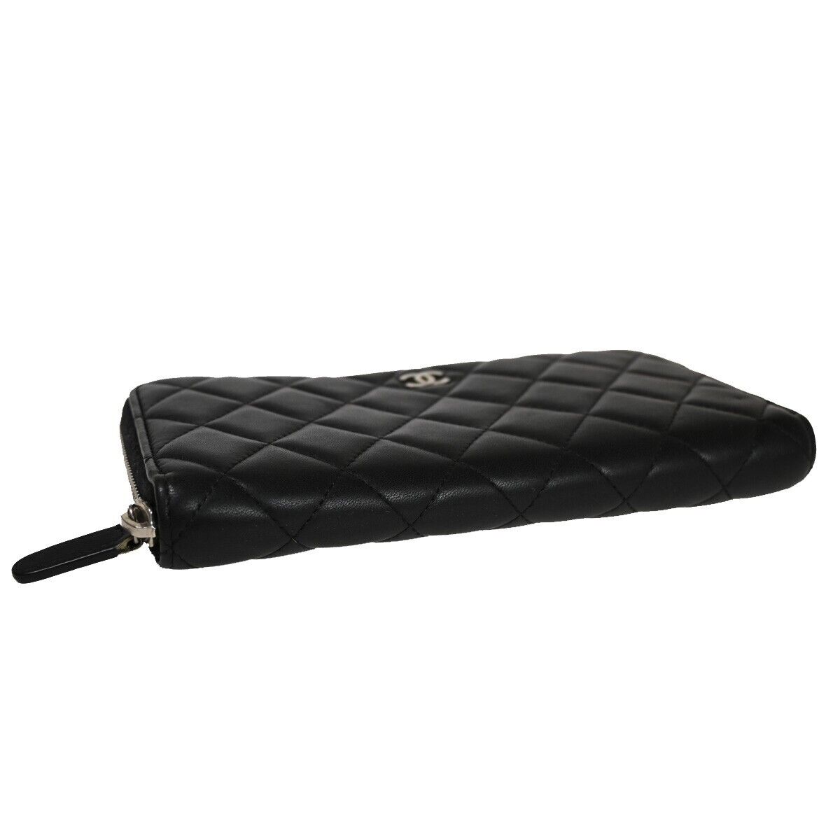 CHANEL CC Logo Zip Around Wallet Purse Matelasse Leather Black Silver 16HB878