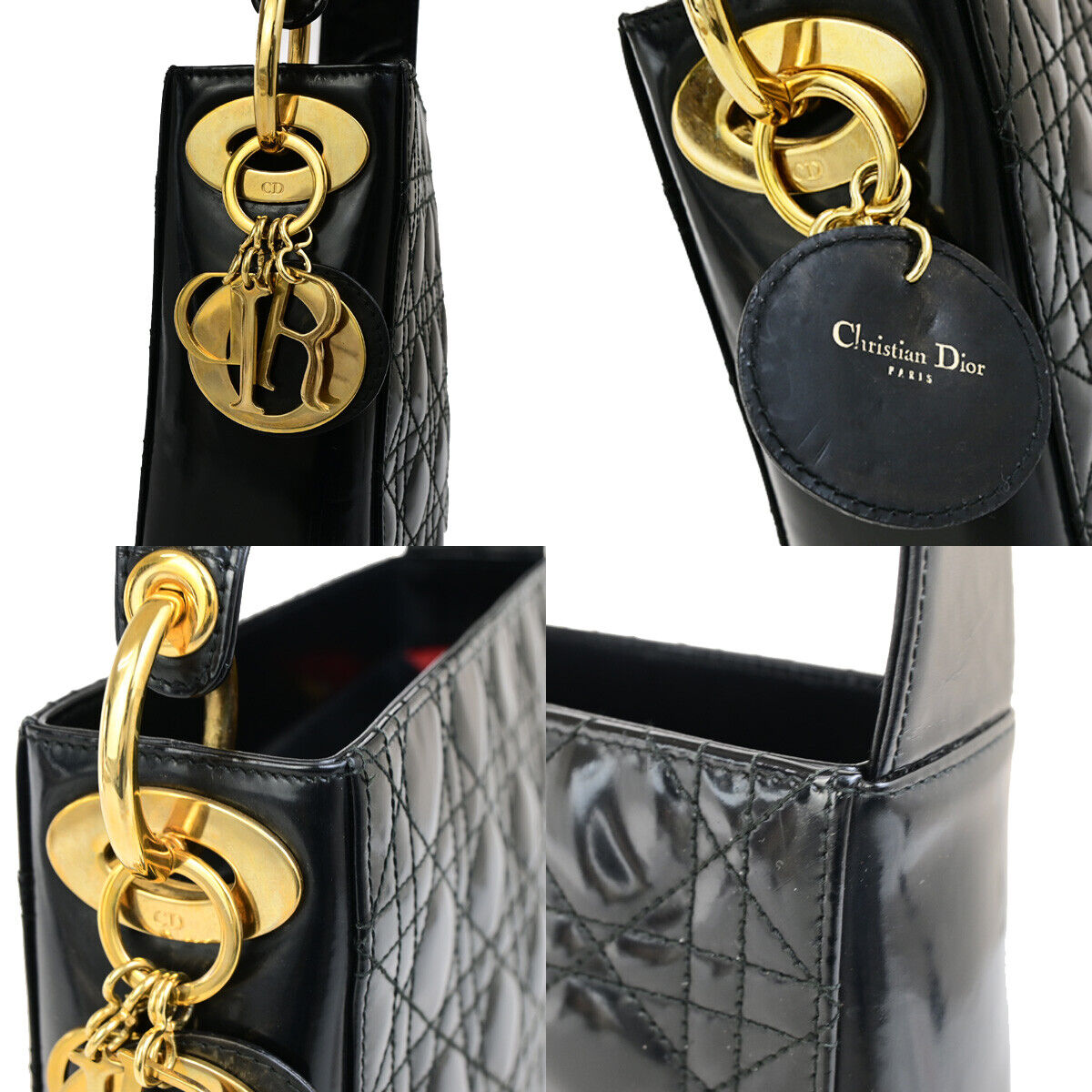 CHRISTIAN DIOR Logo Cannage Shoulder Bag Patent Leather Black GHW Italy 31YG637