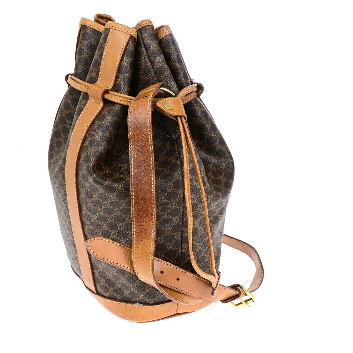 CELINE Logo Macadam Pattern Drawstring Shoulder Bag PVC Leather Brown 66YF091