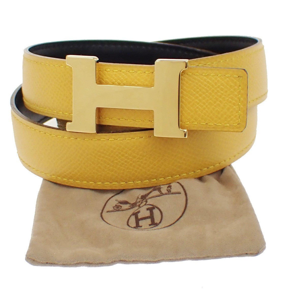 HERMES Logo Constance H Buckle Belt Size 65 Leather Yellow Black France 34RL638