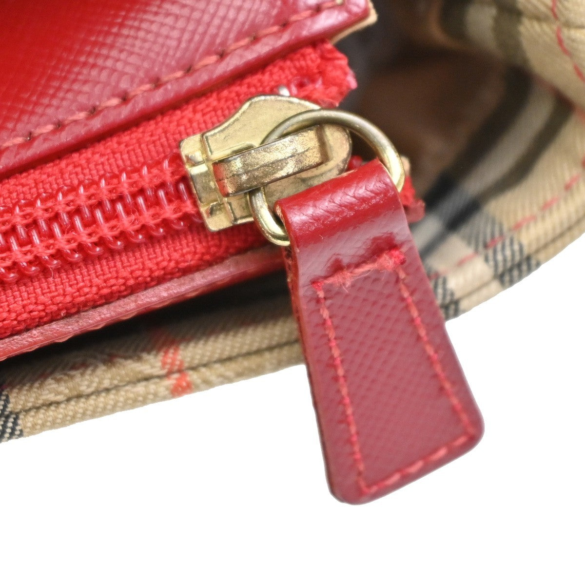 BURBERRY Logo Handbag Canvas Leather Beige Red Charm Gold 32RL572