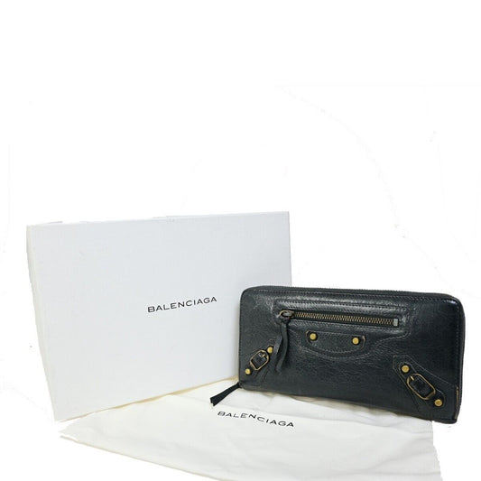 BALENCIAGA Logo Continental Zip Around Long Wallet Purse Leather Gray 01FB096