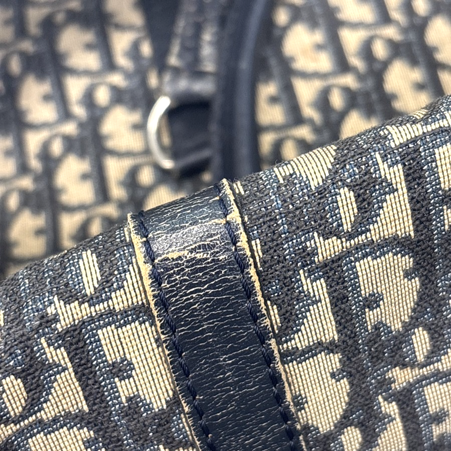 CHRISTIAN DIOR Logo Trotter Boston Hand Bag Canvas Leather Blue France 73MA573