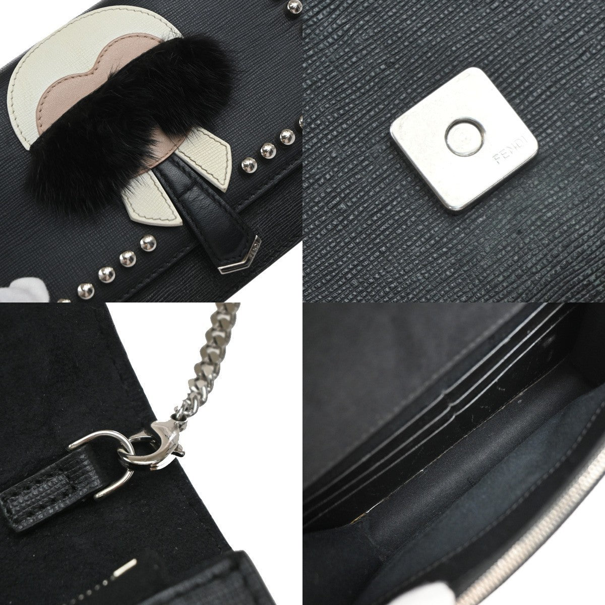 FENDI Karlito Karl Lagerfeld Chain Wallet Shoulder Bag Leather Black 85EG190