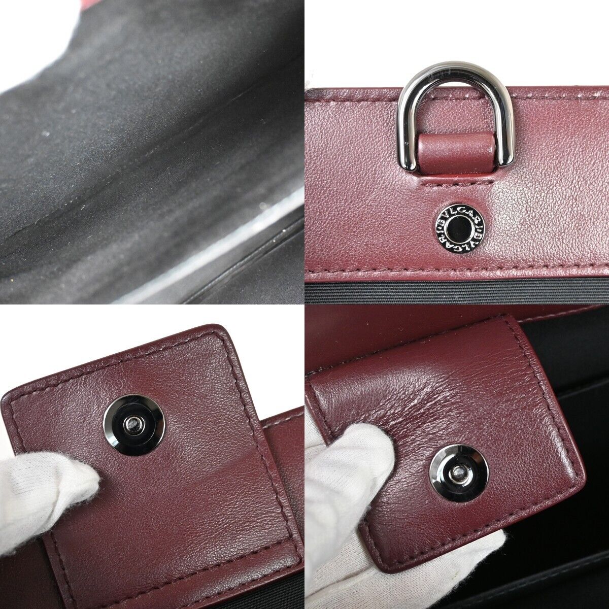 BVLGARI LOGO Hand Tote Bag Canvas Calf Leather Bordeaux Silver Italy 98HB362