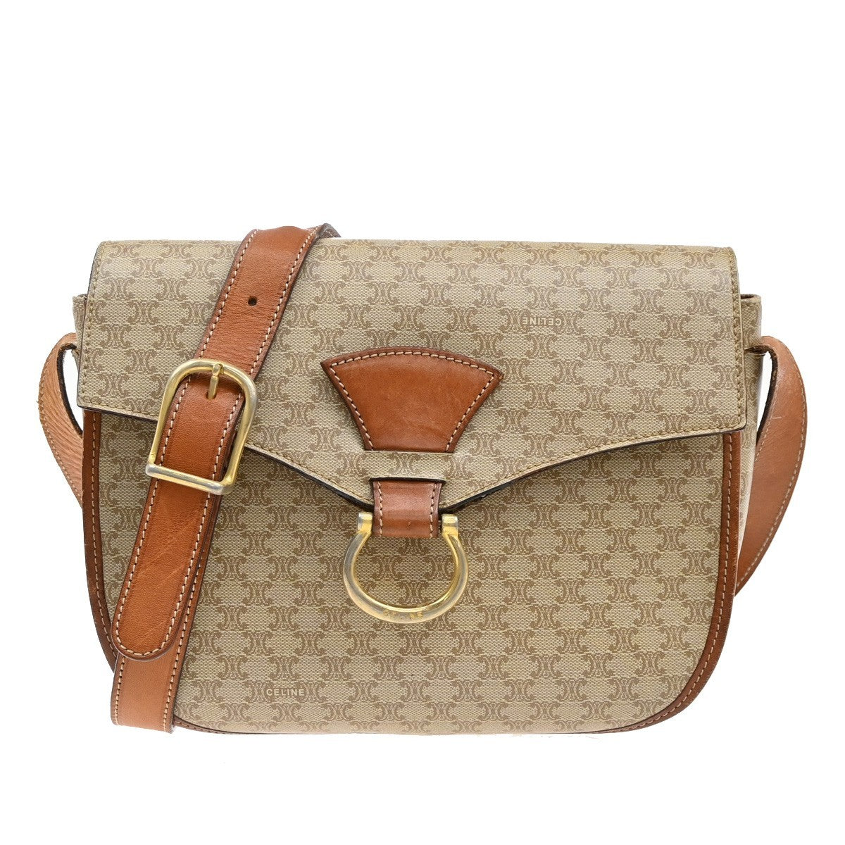 CELINE Logo Macadam Pattern Shoulder Bag PVC Leather Brown GHW Italy 63KB327