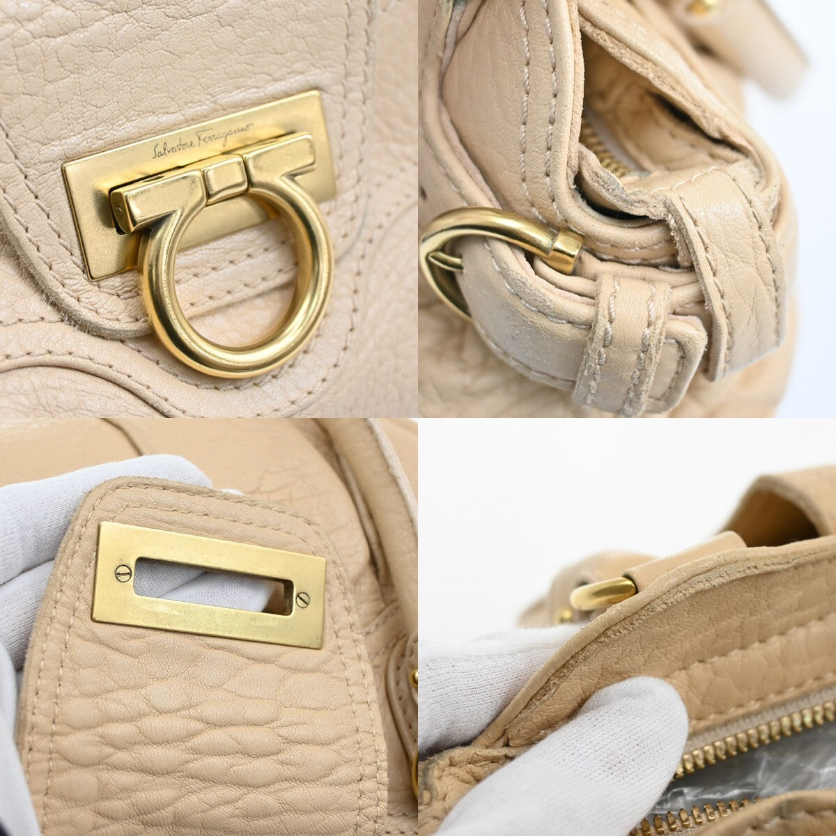 SALVATORE FERRAGAMO Logo Marisa Gancini Shoulder Bag Leather Beige Italy 04EE747