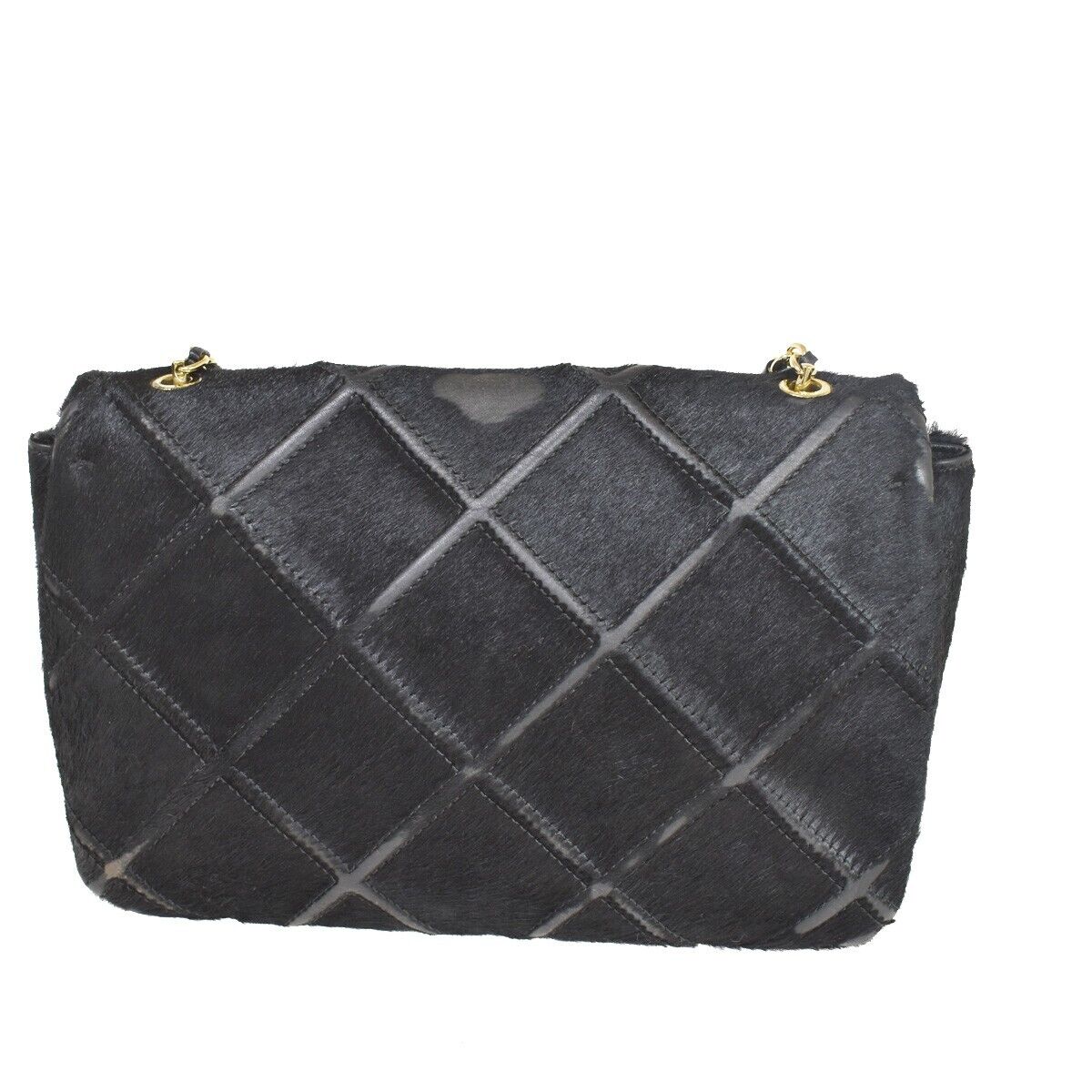SALVATORE FERRAGAMO Vara Chain Shoulder Bag Fur Leather Black Gold Italy 67GA804