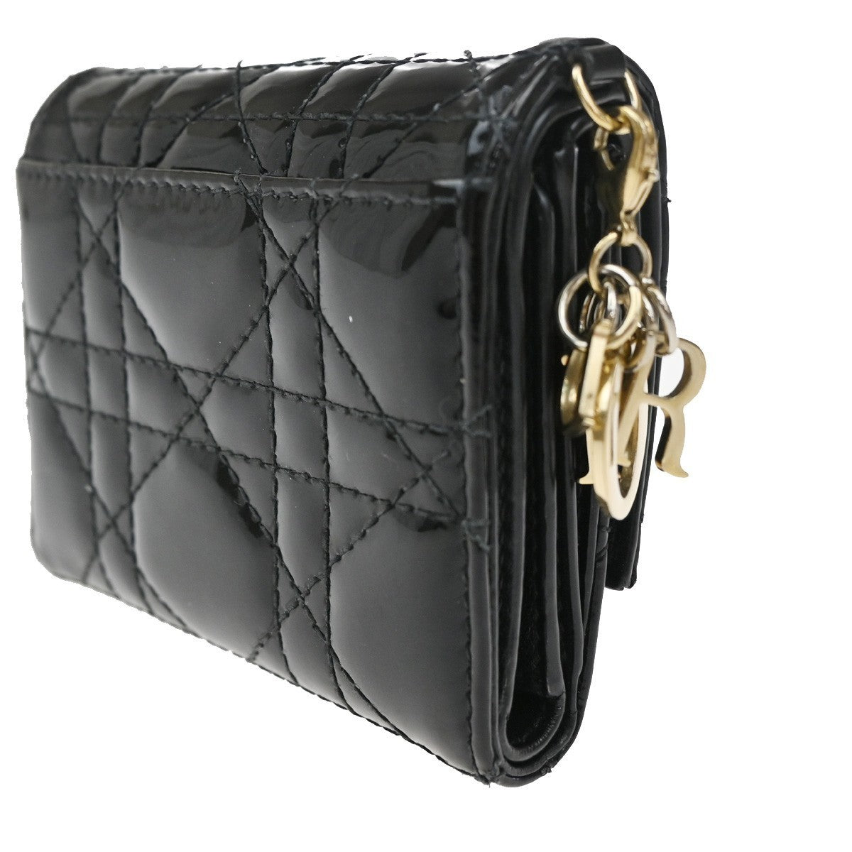 CHRISTIAN DIOR Cannage Trifold Compact Wallet Patent Leather Black GHW 35TA317