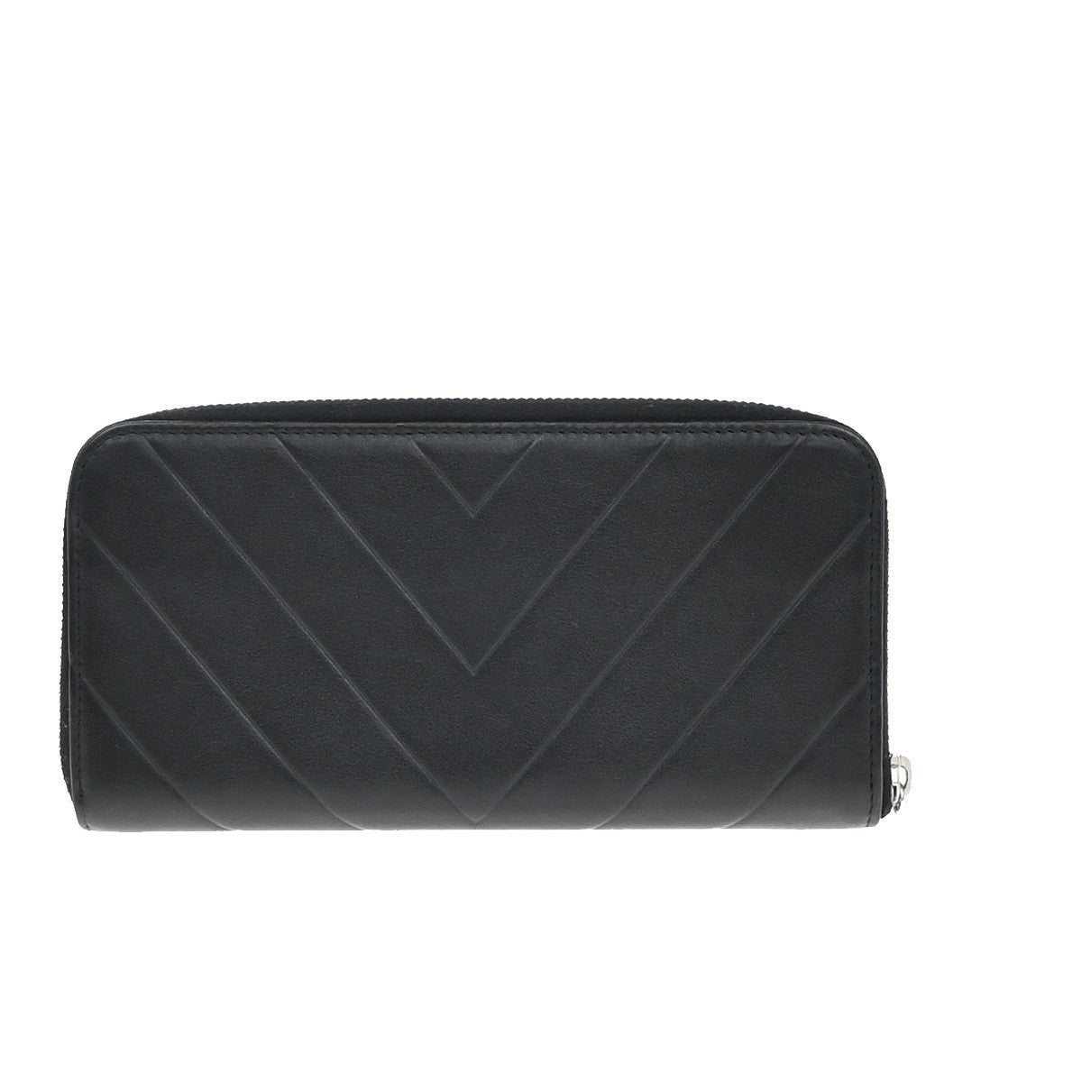 CHANEL CC Logo V-stitch Zip Around Long Wallet Leather Black Silver 77RF674
