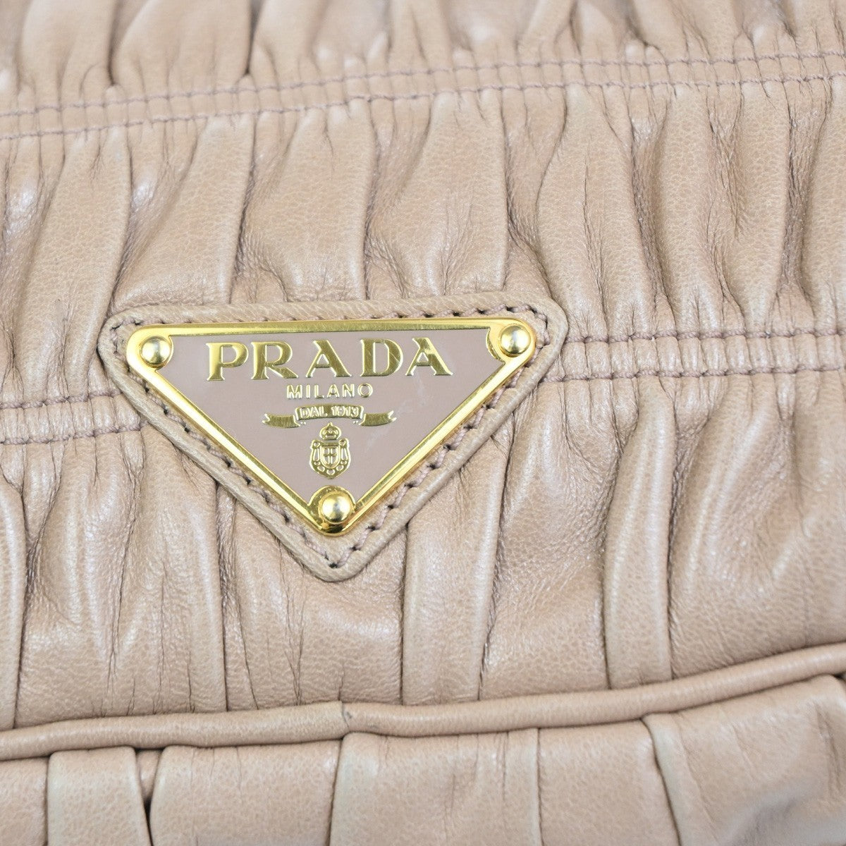 PRADA Logo Flap Shoulder Hand Bag Gathered Nappa Leather Beige Italy 70MA395