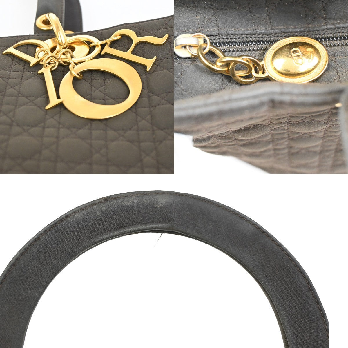 CHRISTIAN DIOR Logo Lady Cannage Hand Bag Nylon Leather Brown GHW Italy 70KC638