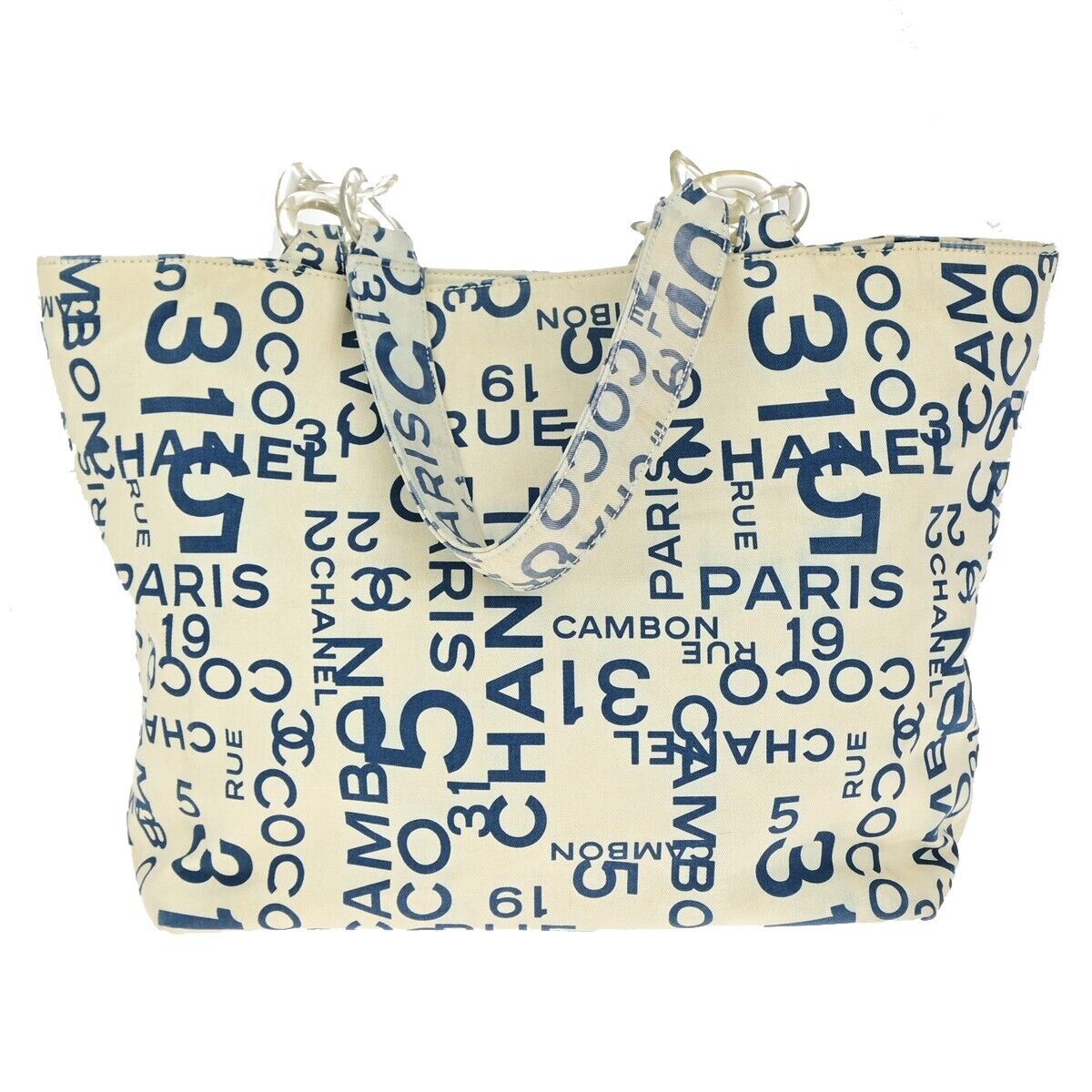 CHANEL Logo By Sea Shoulder Tote Bag Canvas Leather White Blue Italy 85EC913
