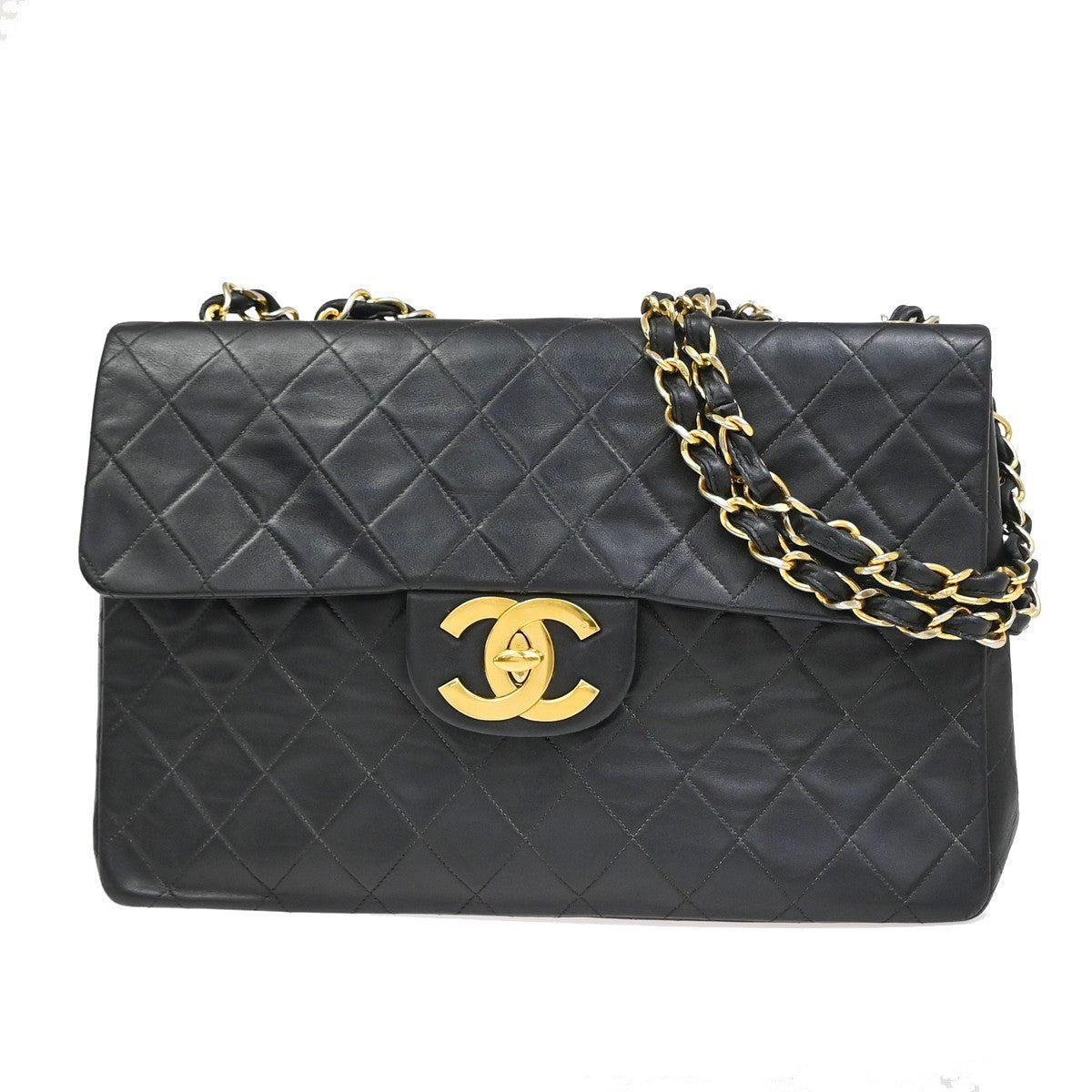 CHANEL Maxi Jumbo Matelasse 34 Chain Shoulder Bag Leather Black Vintage 328RP127