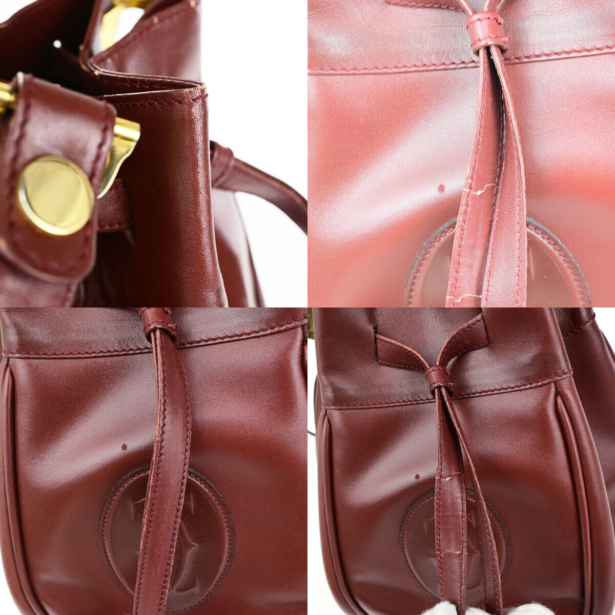 MUST DE CARTIER 2C Logo Drawstring Shoulder Bag Leather Bordeaux GHW 67YF121