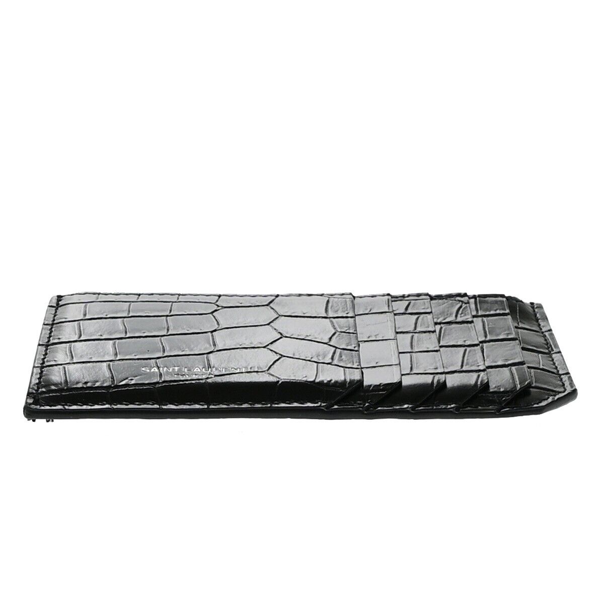 SAINT LAURENT Logo Compact Card Case Coin Wallet Embossing Leather Black 62EE084