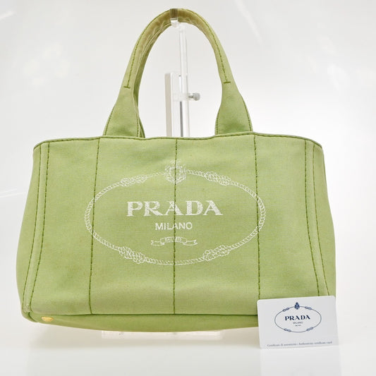 PRADA Milano Logo CANAPA Tote Hand Bag Canvas Leather Green Gold Italy 32CA995