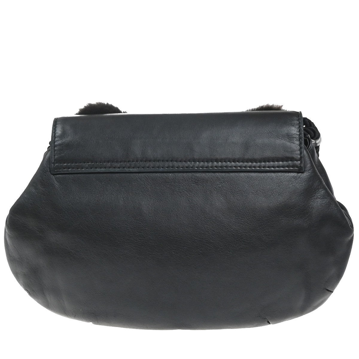 FENDI Logo Bow Shoulder Bag Fur Leather Black GHW Italy 65EG358