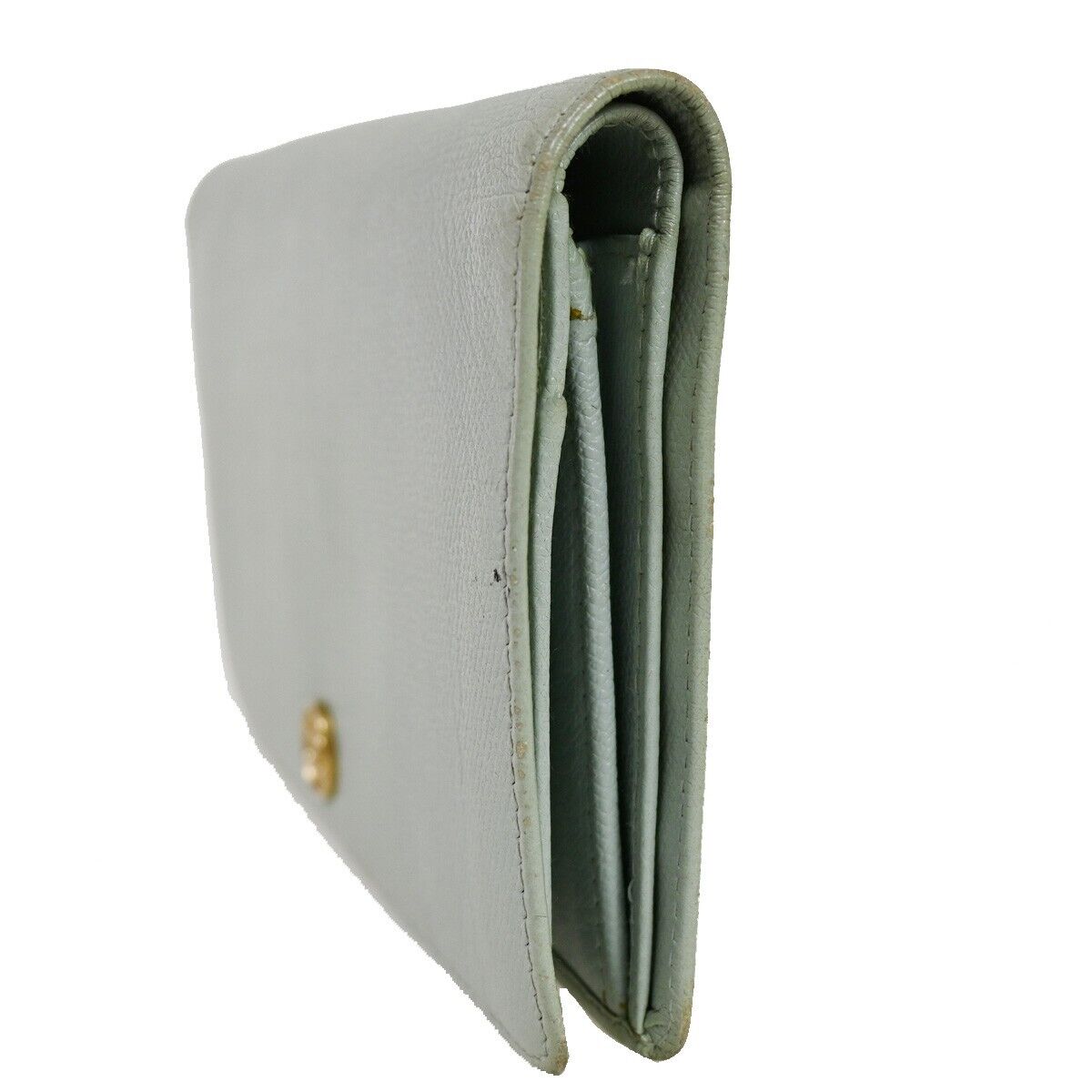 CHANEL CC Logo Long Bifold Wallet Purse Leather Light Blue Gold Italy 05GA676