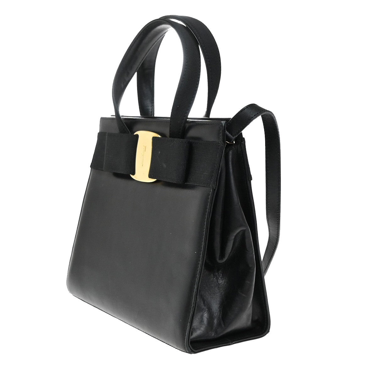 SALVATORE FERRAGAMO Logo Vara 2Way Shoulder Hand Bag Leather Black Italy 38EE277