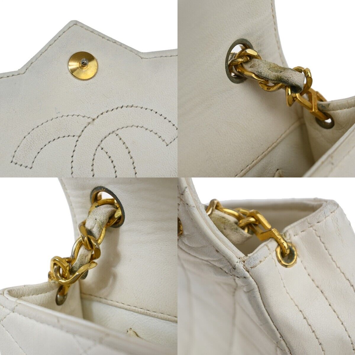 CHANEL CC Logo Matelasse Chain Shoulder Bag Leather White GHW Vintage 650RJ771