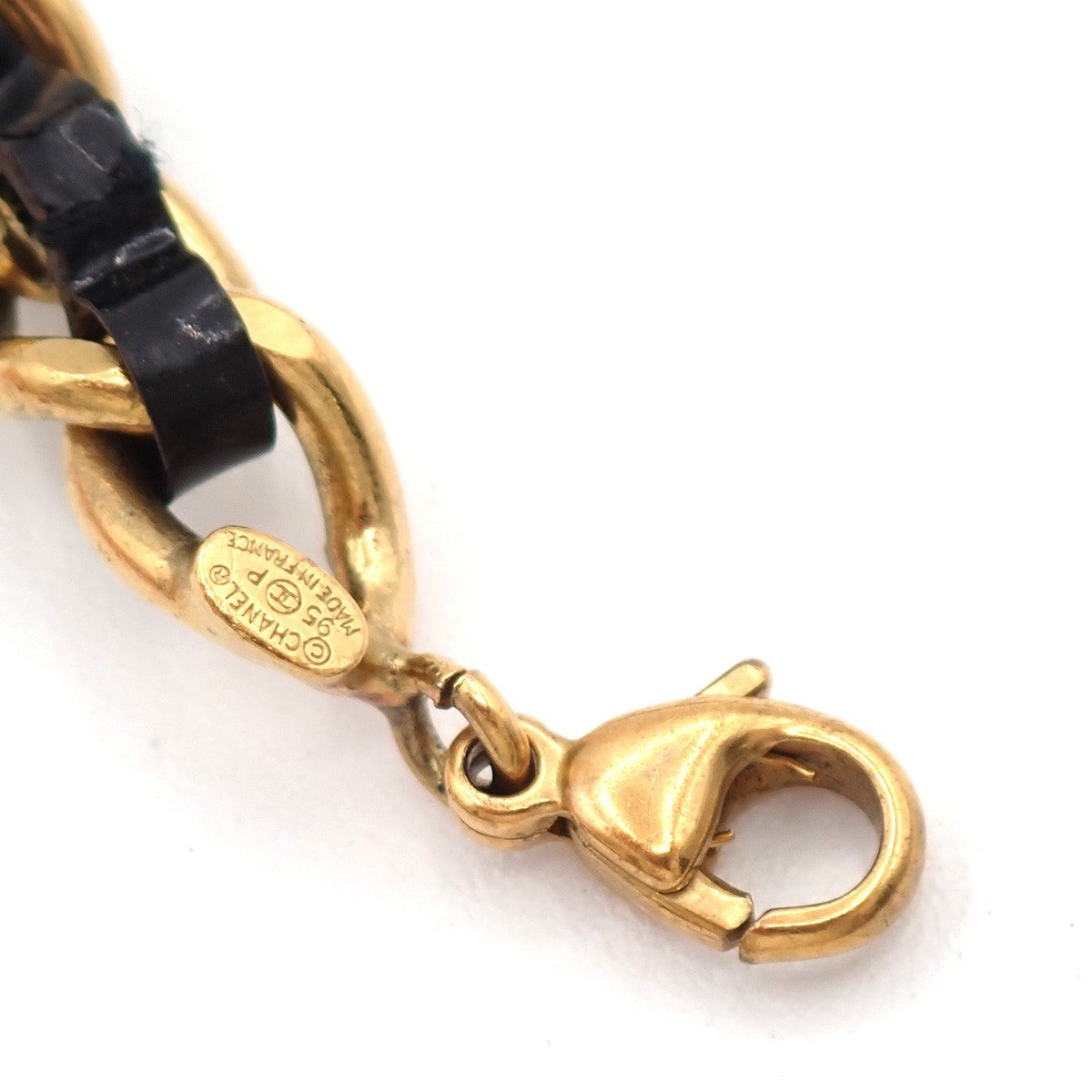 CHANEL CC Rhinestone Chain Bracelet Anklet Leather 95P GHW Black Vintage 12RL959