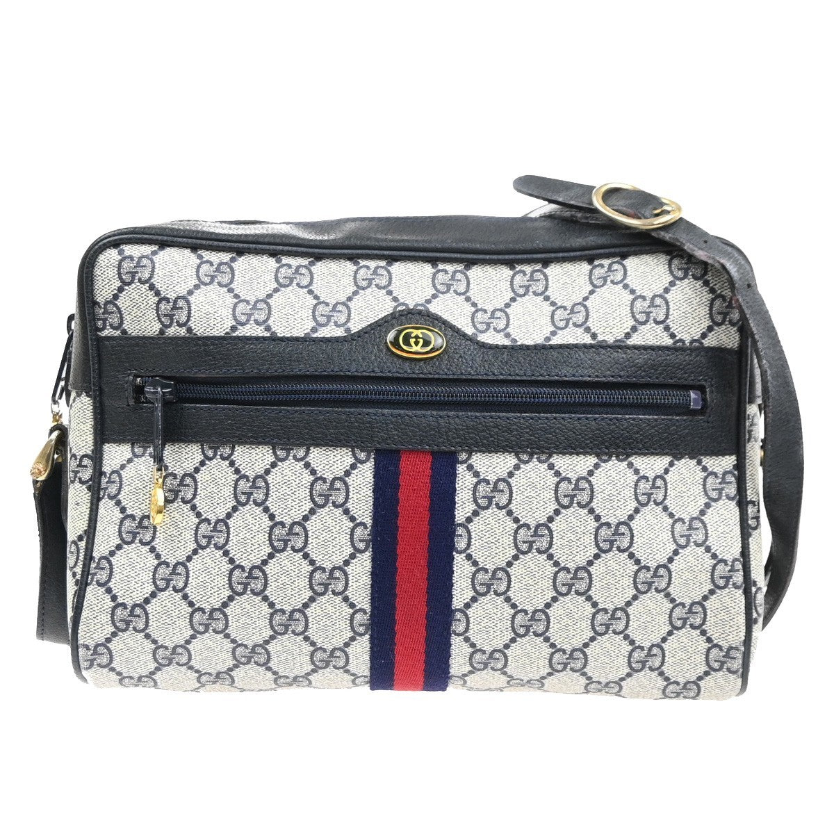 GUCCI Logo GG Sherry Line Shoulder Hand Bag PVC Leather Navy Blue Italy 69MA470